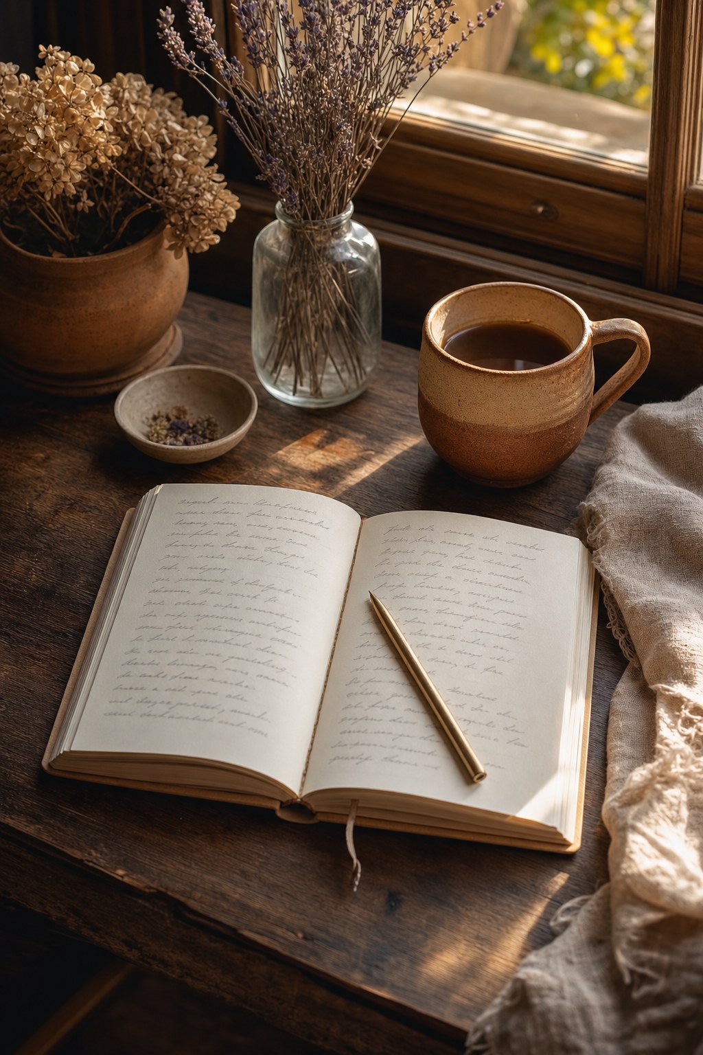 Open reflection journal on a wood table